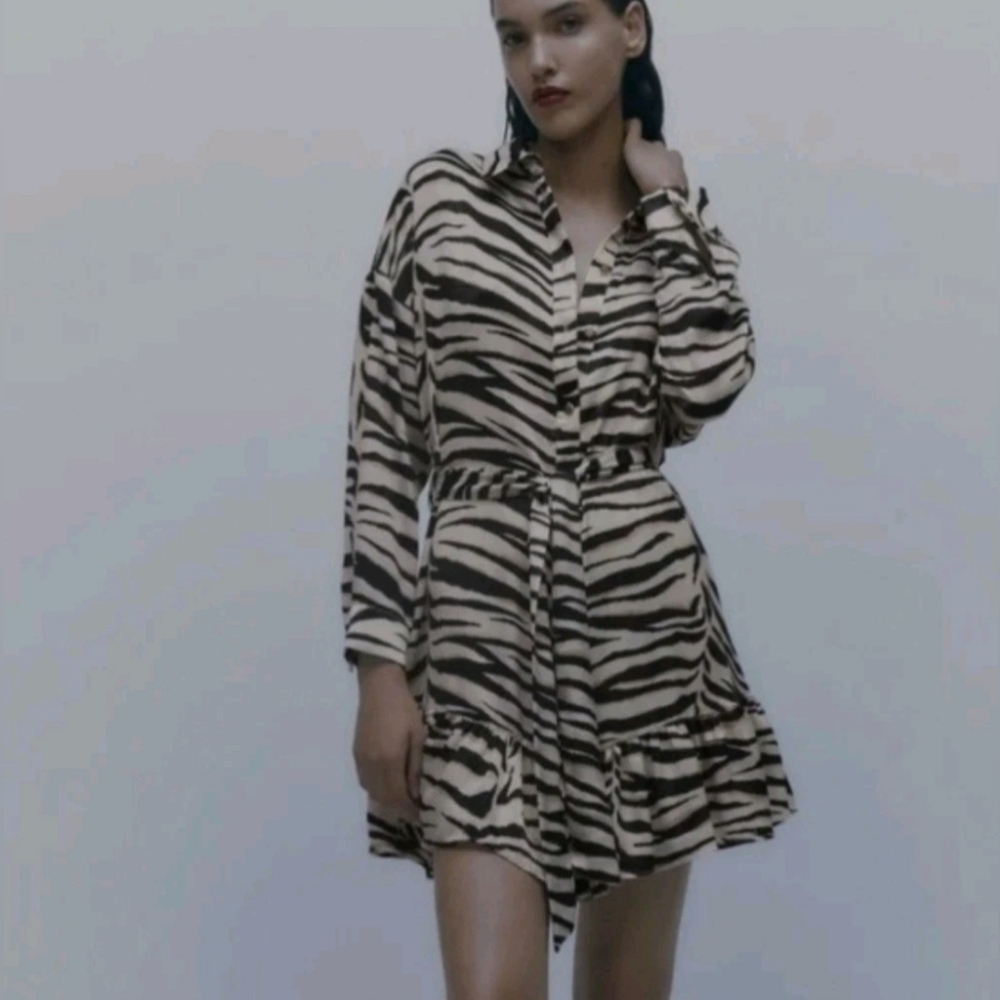 Zara Satin Animal Print Short Cocktail Button-Up Dress Size XL